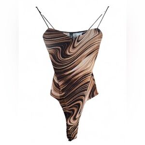 Windsor Women's Marble Swirl Bodysuit Spaghetti Strap V-Neck Brown Multi Size M